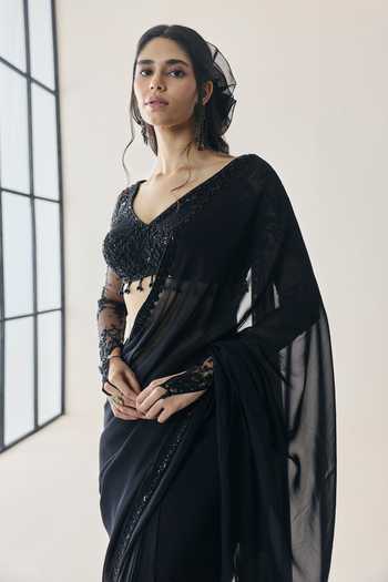 Shop Seema Thukral Black Organza, Georgette, Satin Mabel Pre-stitched Saree With Embellished Blouse Online at Aza Fashions Shop_Seema Thukral_Black Organza, Georgette, Satin Mabel Pre-stitched Saree With Embellished Blouse _Online_at_Aza_Fashions