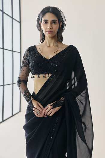 Seema Thukral Black Organza, Georgette, Satin Mabel Pre-stitched Saree With Embellished Blouse at Aza Fashions Seema Thukral_Black Organza, Georgette, Satin Mabel Pre-stitched Saree With Embellished Blouse _at_Aza_Fashions