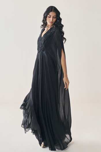 Seema Thukral Black Chiffon, Satin V-neck Liora Embellished Kaftan Online at Aza Fashions Seema Thukral_Black Chiffon, Satin V-neck Liora Embellished Kaftan _Online_at_Aza_Fashions