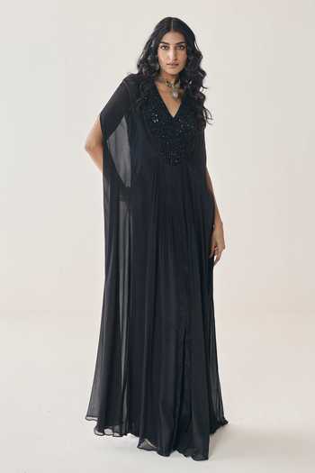 Buy Seema Thukral Black Chiffon, Satin V-neck Liora Embellished Kaftan Online at Aza Fashions Buy_Seema Thukral_Black Chiffon, Satin V-neck Liora Embellished Kaftan _Online_at_Aza_Fashions