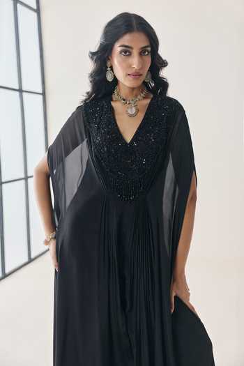 Shop Seema Thukral Black Chiffon, Satin V-neck Liora Embellished Kaftan Online at Aza Fashions Shop_Seema Thukral_Black Chiffon, Satin V-neck Liora Embellished Kaftan _Online_at_Aza_Fashions