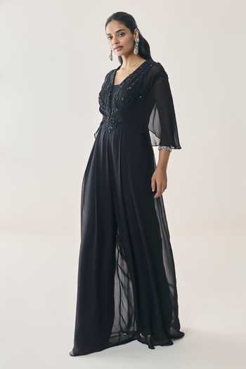 Buy_Seema Thukral_Black Georgette, Satin V-, Shawl Fawn Embellished Pre-draped Jumpsuit _Online_at_Aza_Fashions