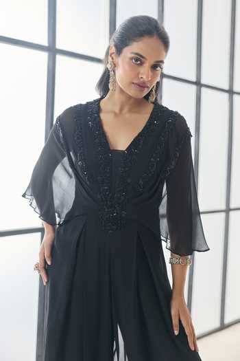 Shop_Seema Thukral_Black Georgette, Satin V-, Shawl Fawn Embellished Pre-draped Jumpsuit _Online_at_Aza_Fashions