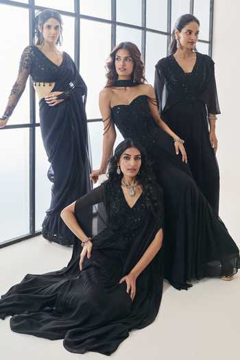 Seema Thukral_Black Georgette, Satin V-, Shawl Fawn Embellished Pre-draped Jumpsuit _at_Aza_Fashions