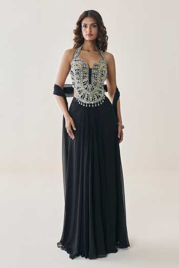 Buy Seema Thukral Black Georgette, Satin Tassels Petal Embroidered Blouse Draped Skirt Set Online at Aza Fashions Buy_Seema Thukral_Black Georgette, Satin Tassels Petal Embroidered Blouse Draped Skirt Set _Online_at_Aza_Fashions