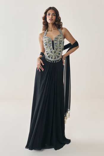 Shop Seema Thukral Black Georgette, Satin Tassels Petal Embroidered Blouse Draped Skirt Set Online at Aza Fashions Shop_Seema Thukral_Black Georgette, Satin Tassels Petal Embroidered Blouse Draped Skirt Set _Online_at_Aza_Fashions