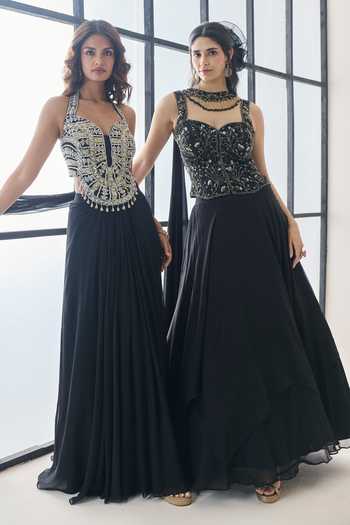 Buy Seema Thukral Black Georgette, Satin Tassels Petal Embroidered Blouse Draped Skirt Set Buy_Seema Thukral_Black Georgette, Satin Tassels Petal Embroidered Blouse Draped Skirt Set