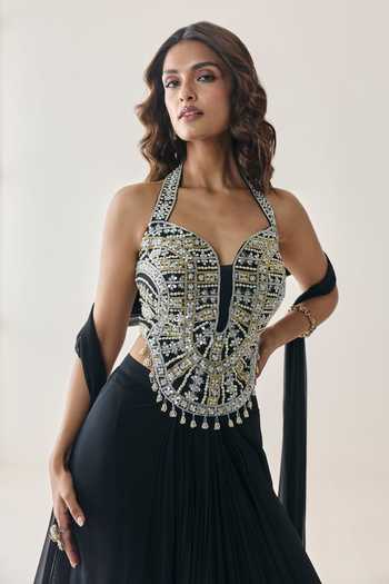 Shop Seema Thukral Black Georgette, Satin Tassels Petal Embroidered Blouse Draped Skirt Set Shop_Seema Thukral_Black Georgette, Satin Tassels Petal Embroidered Blouse Draped Skirt Set