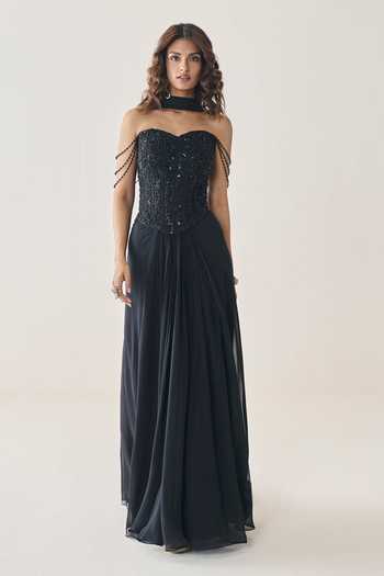 Seema Thukral Black Georgette, Satin Sequins, Beads Cora Embellished Corset Draped Skirt Set Online at Aza Fashions Seema Thukral_Black Georgette, Satin Sequins, Beads Cora Embellished Corset Draped Skirt Set _Online_at_Aza_Fashions