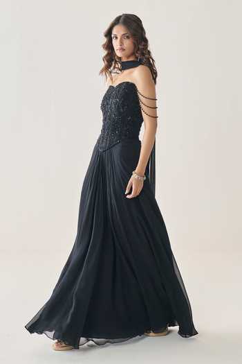 Buy Seema Thukral Black Georgette, Satin Sequins, Beads Cora Embellished Corset Draped Skirt Set Online at Aza Fashions Buy_Seema Thukral_Black Georgette, Satin Sequins, Beads Cora Embellished Corset Draped Skirt Set _Online_at_Aza_Fashions