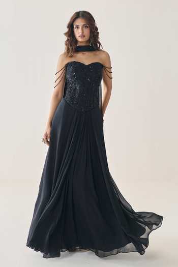 Shop Seema Thukral Black Georgette, Satin Sequins, Beads Cora Embellished Corset Draped Skirt Set Online at Aza Fashions Shop_Seema Thukral_Black Georgette, Satin Sequins, Beads Cora Embellished Corset Draped Skirt Set _Online_at_Aza_Fashions