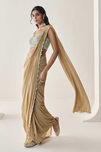 Seema Thukral Gold Georgette, Satin Loretta Pre-draped Saree With Embellished Blouse Online at Aza Fashions Seema Thukral_Gold Georgette, Satin Loretta Pre-draped Saree With Embellished Blouse _Online_at_Aza_Fashions