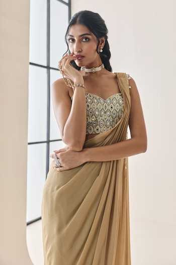 Buy Seema Thukral Gold Georgette, Satin Loretta Pre-draped Saree With Embellished Blouse Online at Aza Fashions Buy_Seema Thukral_Gold Georgette, Satin Loretta Pre-draped Saree With Embellished Blouse _Online_at_Aza_Fashions