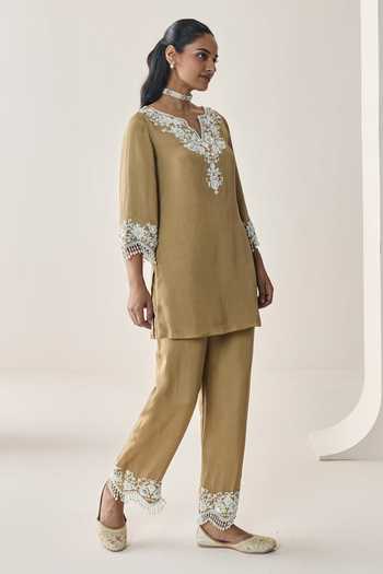 Seema Thukral Gold Silk, Satin V-neck, Yes Nelli Embellished Kurta And Pant Co-ord Set Online at Aza Fashions Seema Thukral_Gold Silk, Satin V-neck, Yes Nelli Embellished Kurta And Pant Co-ord Set _Online_at_Aza_Fashions