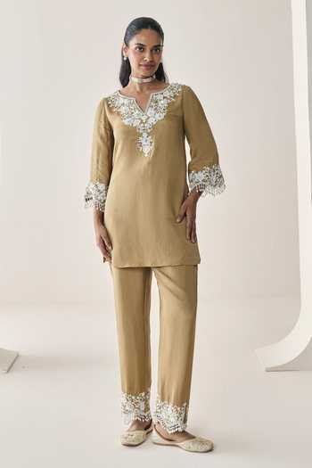 Buy Seema Thukral Gold Silk, Satin V-neck, Yes Nelli Embellished Kurta And Pant Co-ord Set Online at Aza Fashions Buy_Seema Thukral_Gold Silk, Satin V-neck, Yes Nelli Embellished Kurta And Pant Co-ord Set _Online_at_Aza_Fashions