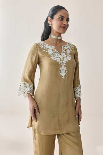 Shop Seema Thukral Gold Silk, Satin V-neck, Yes Nelli Embellished Kurta And Pant Co-ord Set Online at Aza Fashions Shop_Seema Thukral_Gold Silk, Satin V-neck, Yes Nelli Embellished Kurta And Pant Co-ord Set _Online_at_Aza_Fashions