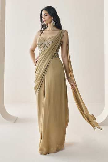 Seema Thukral Gold Georgette, Satin Bernadette Pre-stitched Saree With Embellished Corset Online at Aza Fashions Seema Thukral_Gold Georgette, Satin Bernadette Pre-stitched Saree With Embellished Corset _Online_at_Aza_Fashions