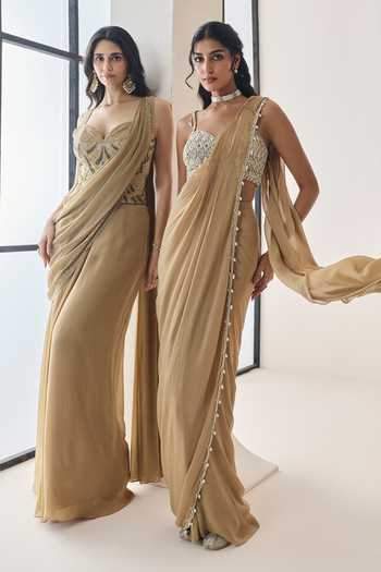 Buy Seema Thukral Gold Georgette, Satin Bernadette Pre-stitched Saree With Embellished Corset Online at Aza Fashions Buy_Seema Thukral_Gold Georgette, Satin Bernadette Pre-stitched Saree With Embellished Corset _Online_at_Aza_Fashions