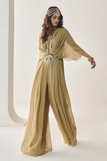 Seema Thukral_Gold Georgette, Satin V-neck Cecilia Embellished Pre-draped Jumpsuit _Online_at_Aza_Fashions