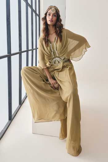 Buy_Seema Thukral_Gold Georgette, Satin V-neck Cecilia Embellished Pre-draped Jumpsuit _Online_at_Aza_Fashions