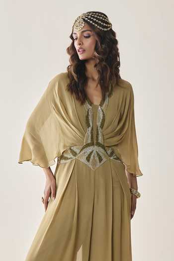Shop_Seema Thukral_Gold Georgette, Satin V-neck Cecilia Embellished Pre-draped Jumpsuit _Online_at_Aza_Fashions