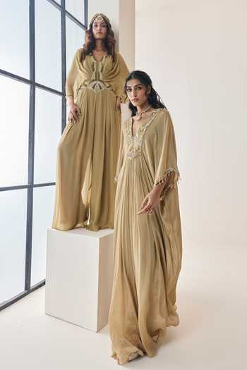 Seema Thukral_Gold Georgette, Satin V-neck Cecilia Embellished Pre-draped Jumpsuit _at_Aza_Fashions
