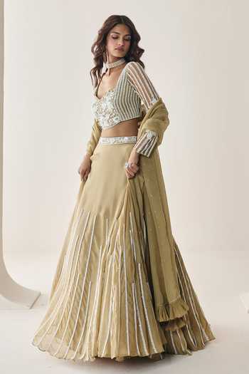 Seema Thukral Gold Organza, Georgette, Satin, Net Sweetheart Neck Sage Embellished Skirt Set Online at Aza Fashions Seema Thukral_Gold Organza, Georgette, Satin, Net Sweetheart Neck Sage Embellished Skirt Set _Online_at_Aza_Fashions