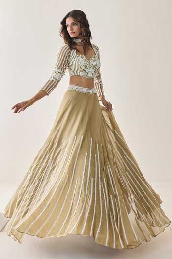 Seema Thukral Gold Organza, Georgette, Satin, Net Sweetheart Neck Sage Embellished Skirt Set at Aza Fashions Seema Thukral_Gold Organza, Georgette, Satin, Net Sweetheart Neck Sage Embellished Skirt Set _at_Aza_Fashions