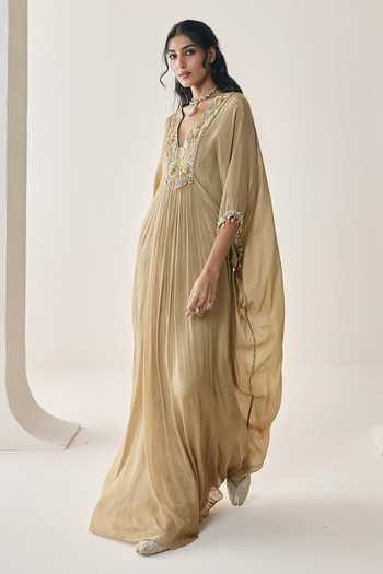 Seema Thukral Gold Chiffon Plunge Neck Sequoia Embellished Kaftan Online at Aza Fashions Seema Thukral_Gold Chiffon Plunge Neck Sequoia Embellished Kaftan _Online_at_Aza_Fashions