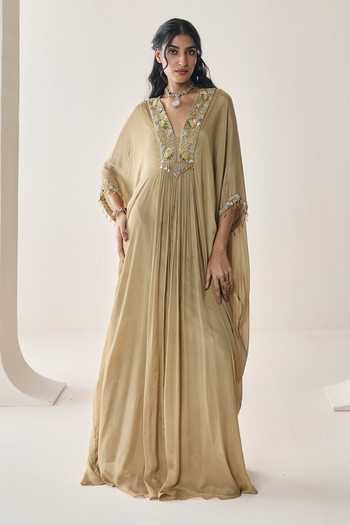 Buy Seema Thukral Gold Chiffon Plunge Neck Sequoia Embellished Kaftan Online at Aza Fashions Buy_Seema Thukral_Gold Chiffon Plunge Neck Sequoia Embellished Kaftan _Online_at_Aza_Fashions