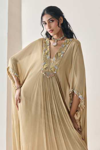 Shop Seema Thukral Gold Chiffon Plunge Neck Sequoia Embellished Kaftan Online at Aza Fashions Shop_Seema Thukral_Gold Chiffon Plunge Neck Sequoia Embellished Kaftan _Online_at_Aza_Fashions