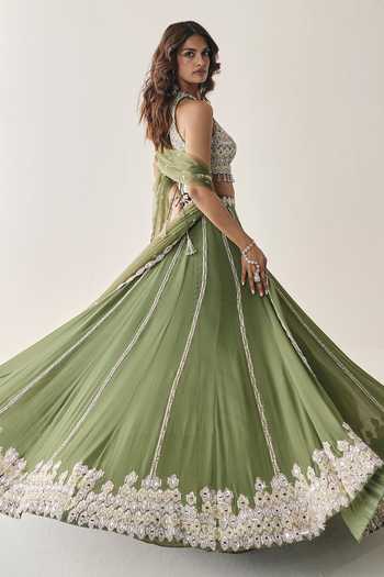 Buy Seema Thukral Green Georgette, Net, Satin Halter Neck Zelina Embellished Blouse Lehenga Set Online at Aza Fashions Buy_Seema Thukral_Green Georgette, Net, Satin Halter Neck Zelina Embellished Blouse Lehenga Set _Online_at_Aza_Fashions