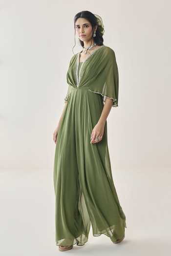 Seema Thukral_Olive Green Georgette V-neck Kaia Embellished Pre-draped Jumpsuit _Online_at_Aza_Fashions