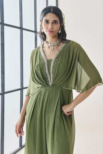 Buy_Seema Thukral_Olive Green Georgette V-neck Kaia Embellished Pre-draped Jumpsuit _Online_at_Aza_Fashions
