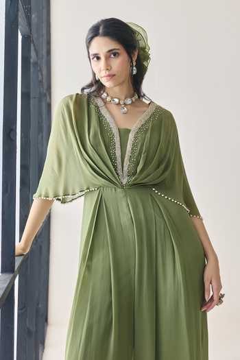 Shop_Seema Thukral_Olive Green Georgette V-neck Kaia Embellished Pre-draped Jumpsuit _Online_at_Aza_Fashions