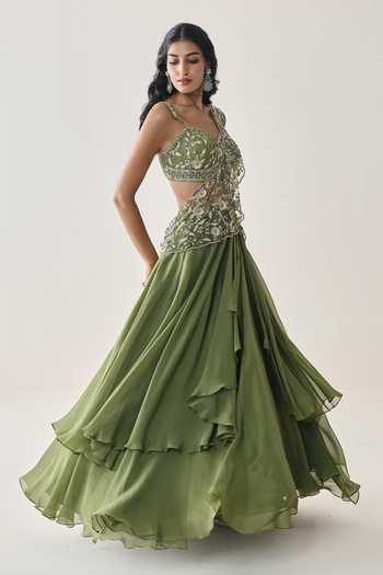 Buy_Seema Thukral_Green Organza, Georgette, Satin Harriet Pre-draped Lehenga Saree With Blouse _Online_at_Aza_Fashions