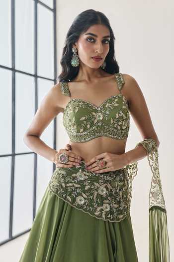Shop_Seema Thukral_Green Organza, Georgette, Satin Harriet Pre-draped Lehenga Saree With Blouse _Online_at_Aza_Fashions