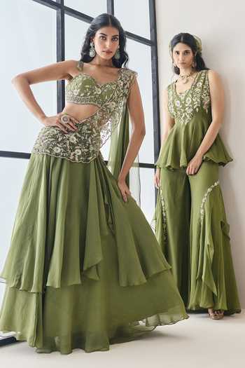 Seema Thukral_Green Organza, Georgette, Satin Harriet Pre-draped Lehenga Saree With Blouse _at_Aza_Fashions