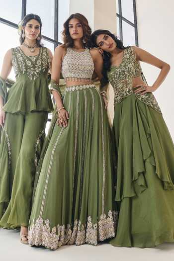 Buy_Seema Thukral_Green Organza, Georgette, Satin Harriet Pre-draped Lehenga Saree With Blouse 