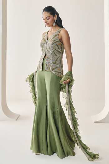Shop Seema Thukral Green Silk, Organza, Georgette V-neck Freya Embellished Jacket Pant Set Online at Aza Fashions Shop_Seema Thukral_Green Silk, Organza, Georgette V-neck Freya Embellished Jacket Pant Set _Online_at_Aza_Fashions