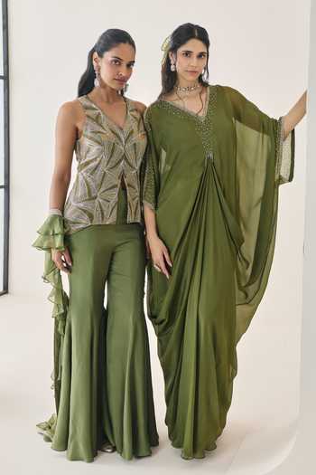 Seema Thukral Green Silk, Organza, Georgette V-neck Freya Embellished Jacket Pant Set at Aza Fashions Seema Thukral_Green Silk, Organza, Georgette V-neck Freya Embellished Jacket Pant Set _at_Aza_Fashions