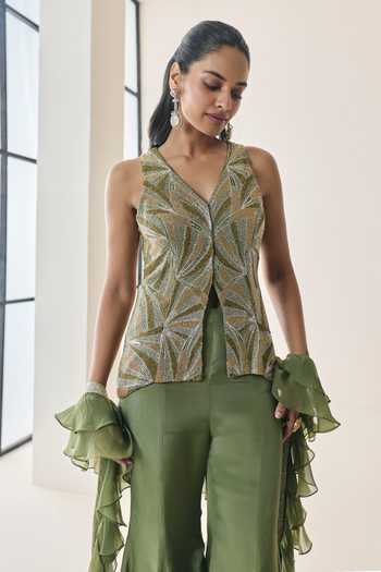 Buy Seema Thukral Green Silk, Organza, Georgette V-neck Freya Embellished Jacket Pant Set Buy_Seema Thukral_Green Silk, Organza, Georgette V-neck Freya Embellished Jacket Pant Set