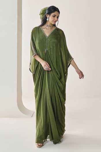 Seema Thukral Green Satin, Chiffon V-neck Lilith Embellished Pre-draped Kaftan Online at Aza Fashions Seema Thukral_Green Satin, Chiffon V-neck Lilith Embellished Pre-draped Kaftan _Online_at_Aza_Fashions