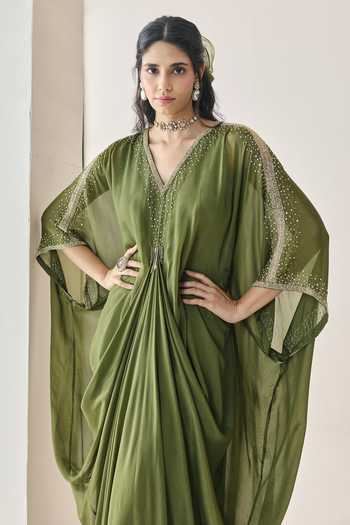 Buy Seema Thukral Green Satin, Chiffon V-neck Lilith Embellished Pre-draped Kaftan Online at Aza Fashions Buy_Seema Thukral_Green Satin, Chiffon V-neck Lilith Embellished Pre-draped Kaftan _Online_at_Aza_Fashions