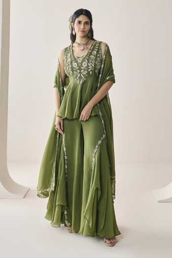 Buy Seema Thukral Green Organza, Satin V-neck Yara Embellished Peplum Top Sharara Set Online at Aza Fashions Buy_Seema Thukral_Green Organza, Satin V-neck Yara Embellished Peplum Top Sharara Set _Online_at_Aza_Fashions