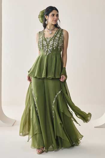 Shop Seema Thukral Green Organza, Satin V-neck Yara Embellished Peplum Top Sharara Set Online at Aza Fashions Shop_Seema Thukral_Green Organza, Satin V-neck Yara Embellished Peplum Top Sharara Set _Online_at_Aza_Fashions