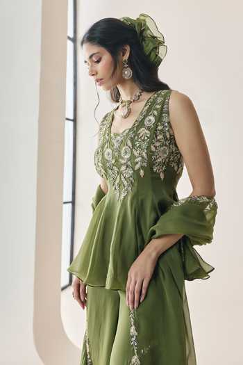 Buy Seema Thukral Green Organza, Satin V-neck Yara Embellished Peplum Top Sharara Set Buy_Seema Thukral_Green Organza, Satin V-neck Yara Embellished Peplum Top Sharara Set