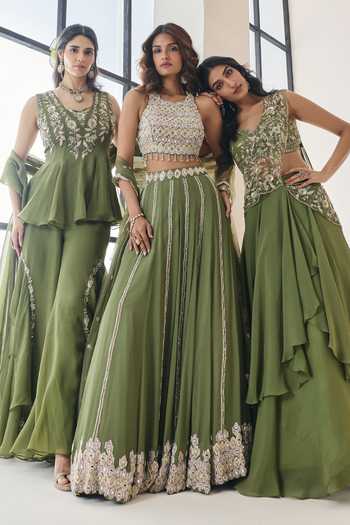 Shop Seema Thukral Green Organza, Satin V-neck Yara Embellished Peplum Top Sharara Set Shop_Seema Thukral_Green Organza, Satin V-neck Yara Embellished Peplum Top Sharara Set