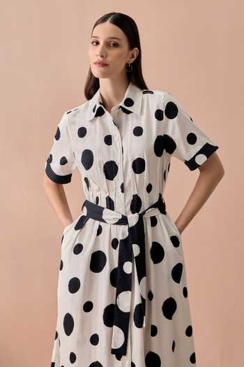 Zazu Black Cotton Satin Collared Neck, Button-down Monochrome Mono Polka Maxi Dress Online at Aza Fashions Zazu_Black Cotton Satin Collared Neck, Button-down Monochrome Mono Polka Maxi Dress _Online_at_Aza_Fashions