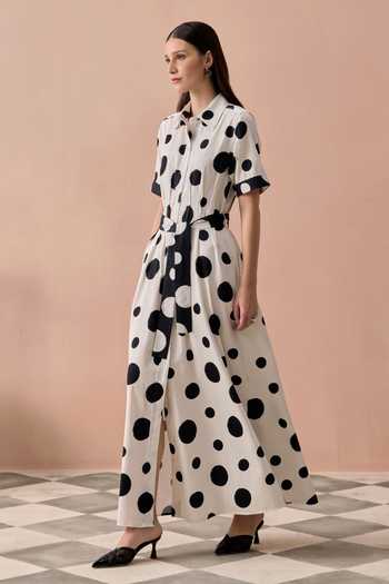 Shop Zazu Black Cotton Satin Collared Neck, Button-down Monochrome Mono Polka Maxi Dress Online at Aza Fashions Shop_Zazu_Black Cotton Satin Collared Neck, Button-down Monochrome Mono Polka Maxi Dress _Online_at_Aza_Fashions